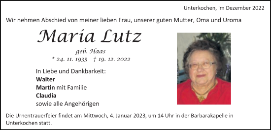 Traueranzeige von Maria Lutz von Schwäbische Post