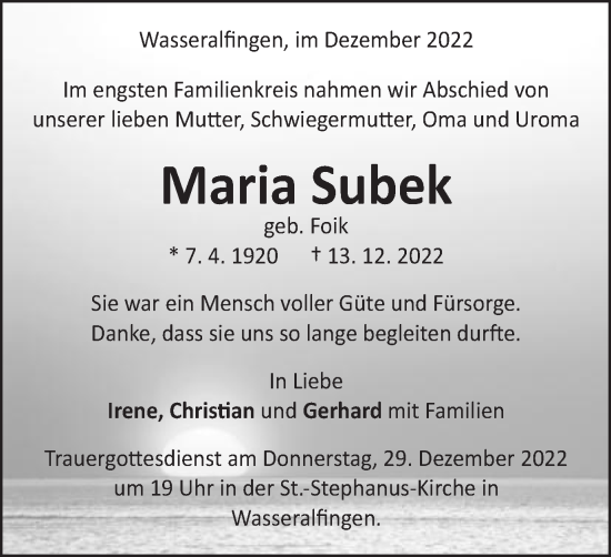 Traueranzeige von Maria Subek von Schwäbische Post