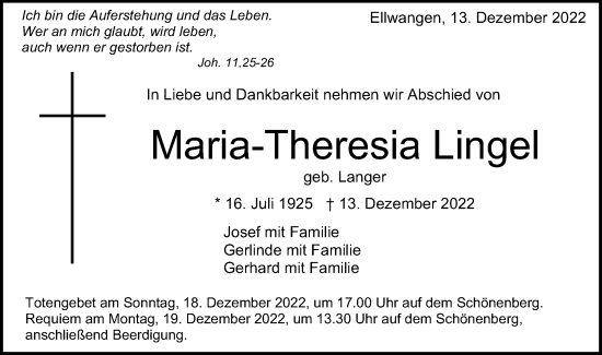 Traueranzeige von Maria-Theresia Lingel