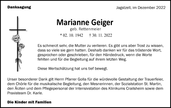 Traueranzeige von Marianne Geiger von Schwäbische Post