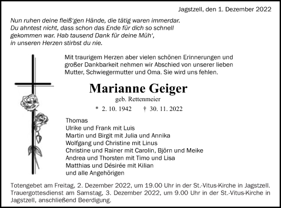 Traueranzeige von Marianne Geiger von Schwäbische Post