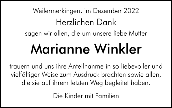 Traueranzeige von Marianne Winkler von Schwäbische Post