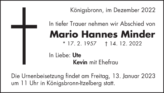 Traueranzeige von Mario Hannes Minder von Amtsblatt_Oko