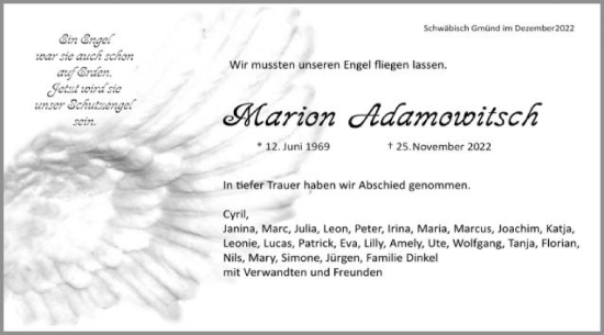 Traueranzeige von Marion Adamowitsch von Gmünder Tagespost