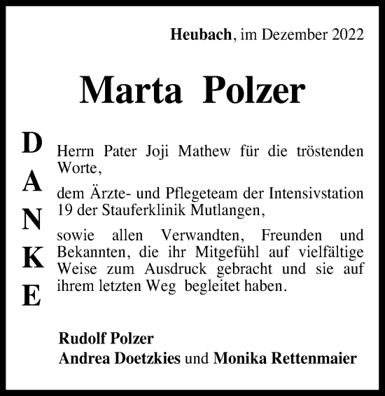 Traueranzeige von Marta Polzer von Gmünder Tagespost