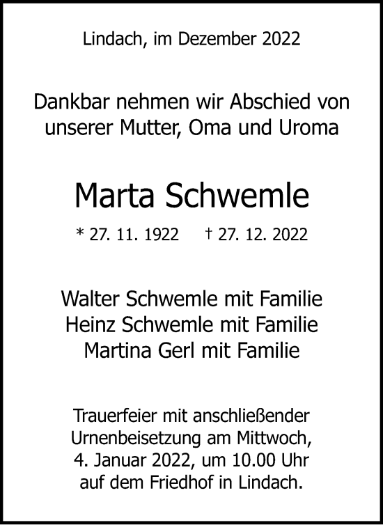 Traueranzeige von Marta Schwemle von Gmünder Tagespost