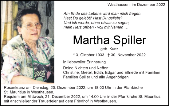 Traueranzeige von Martha Spiller