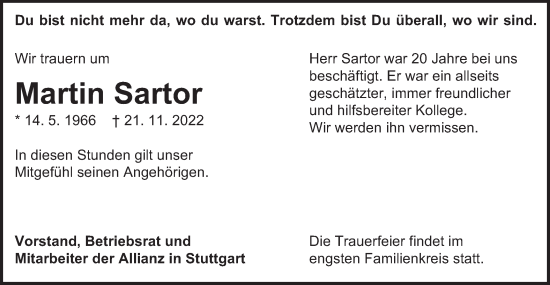 Traueranzeige von Martin Sartor von Schwäbische Post