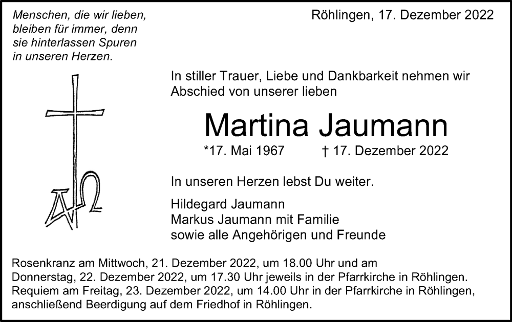  Traueranzeige für Martina Jaumann vom 20.12.2022 aus Schwäbische Post