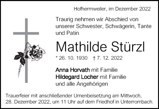 Traueranzeige von Mathilde Stürzl von Schwäbische Post