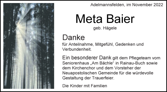 Traueranzeige von Meta Baier von Schwäbische Post