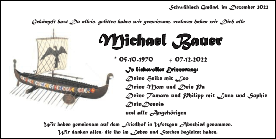 Traueranzeige von Michael Bauer von Gmünder Tagespost