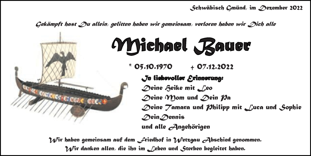  Traueranzeige für Michael Bauer vom 20.12.2022 aus Gmünder Tagespost