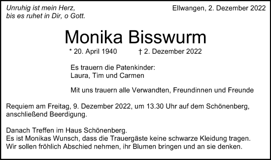 Traueranzeige von Monika Bisswurm von Schwäbische Post