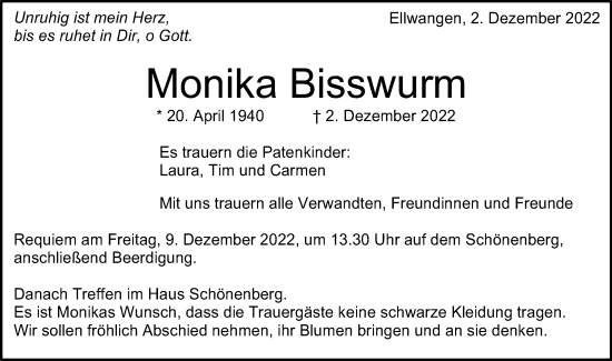 Traueranzeige von Monika Bisswurm