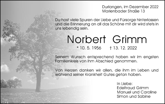 Traueranzeige von Norbert Grimm von Gmünder Tagespost