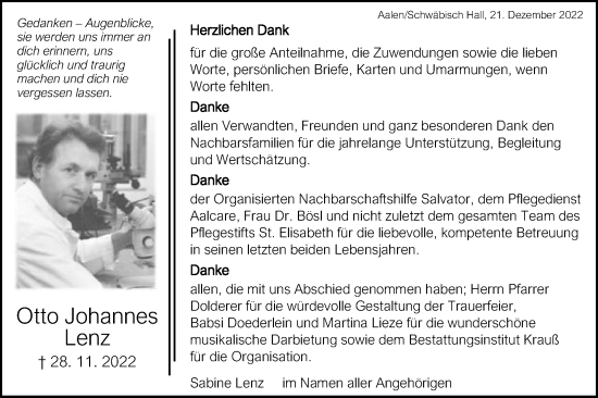 Traueranzeige von Otto Johannes Lenz von Schwäbische Post