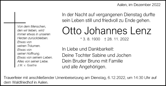 Traueranzeige von Otto Johannes Lenz von Schwäbische Post
