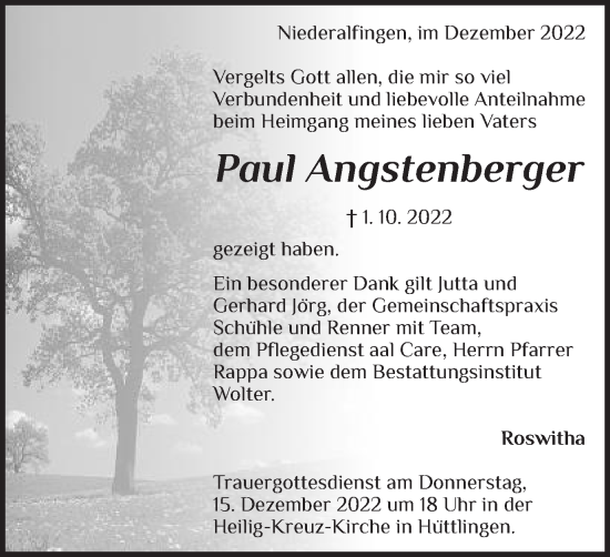 Traueranzeige von Paul Angstenberger  von Schwäbische Post