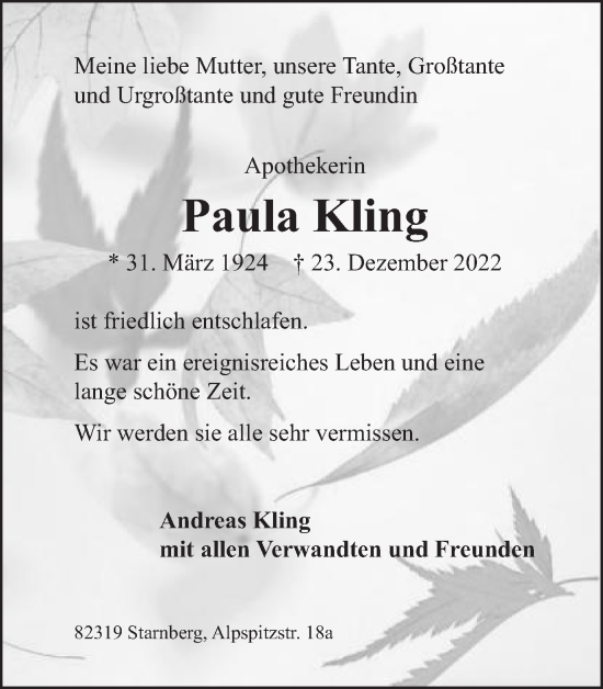 Traueranzeige von Paula Kling von Schwäbische Post