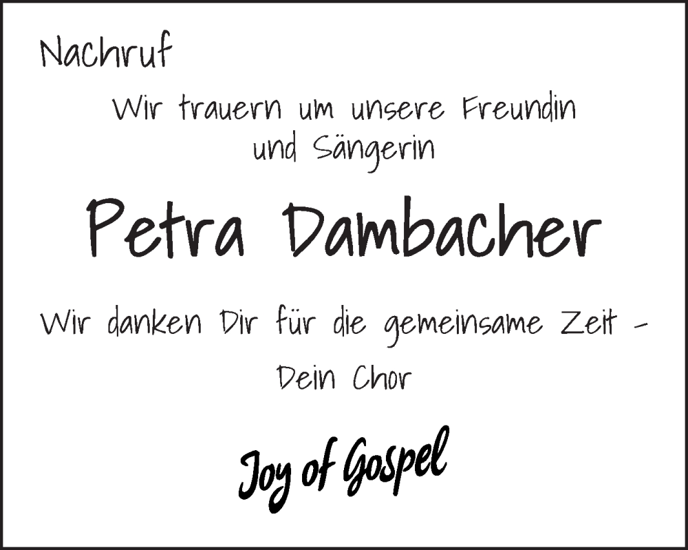  Traueranzeige für Petra Dambacher vom 29.12.2022 aus Schwäbische Post