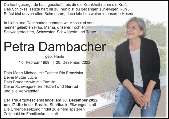 Traueranzeige von Petra Dambacher von Schwäbische Post