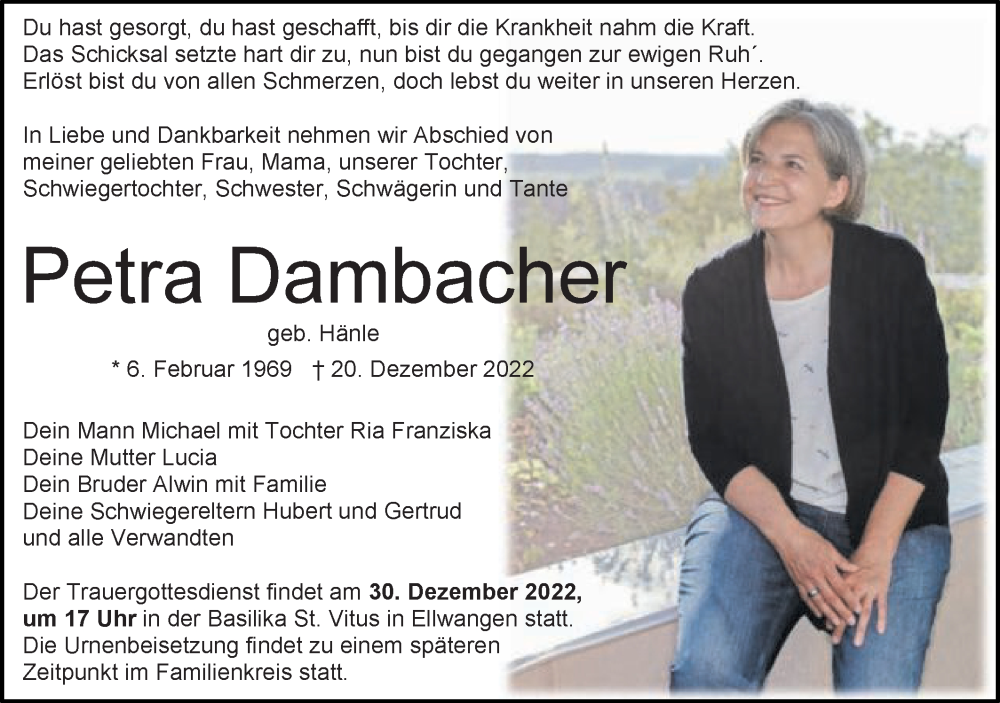  Traueranzeige für Petra Dambacher vom 27.12.2022 aus Schwäbische Post