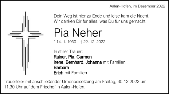 Traueranzeige von Pia Neher von Schwäbische Post