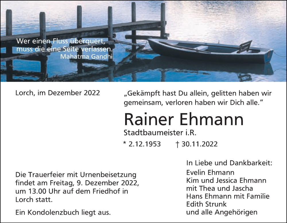  Traueranzeige für Rainer Ehmann vom 05.12.2022 aus Gmünder Tagespost