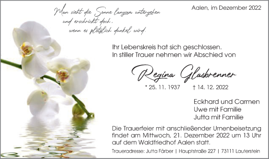 Traueranzeige von Regina Glasbrenner von Schwäbische Post
