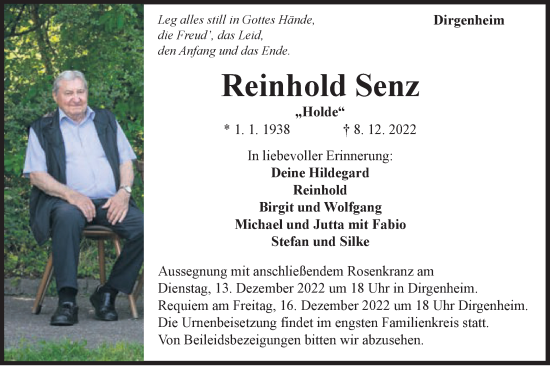 Traueranzeige von Reinhold Senz von Schwäbische Post