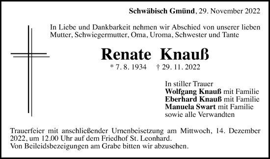 Traueranzeige von Renate Knauß von Gmünder Tagespost