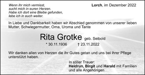 Traueranzeige von Rita Grotke von Gmünder Tagespost