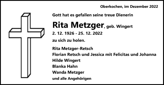 Traueranzeige von Rita Metzger von Schwäbische Post