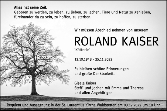 Traueranzeige von Roland Kaiser von Gmünder Tagespost