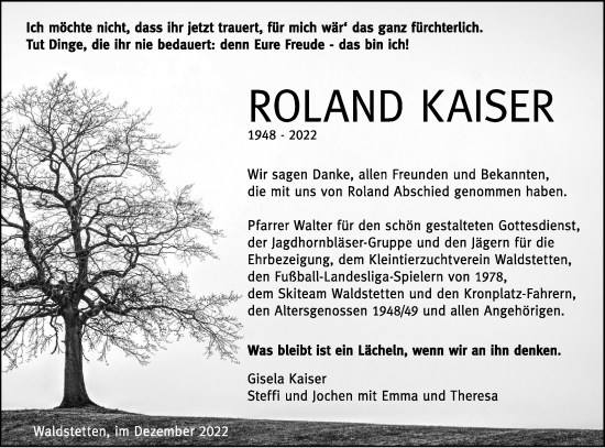 Traueranzeige von Roland Kaiser von Gmünder Tagespost