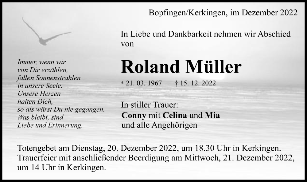  Traueranzeige für Roland Müller vom 17.12.2022 aus Schwäbische Post