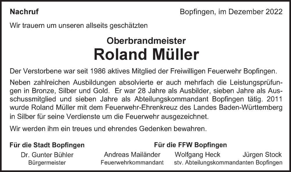  Traueranzeige für Roland Müller vom 23.12.2022 aus Bopfinger Stadtanzeiger