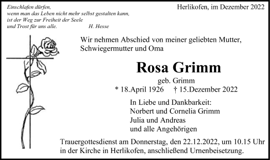 Traueranzeige von Rosa Grimm