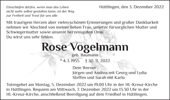 Traueranzeige von Rose Vogelmann von Schwäbische Post