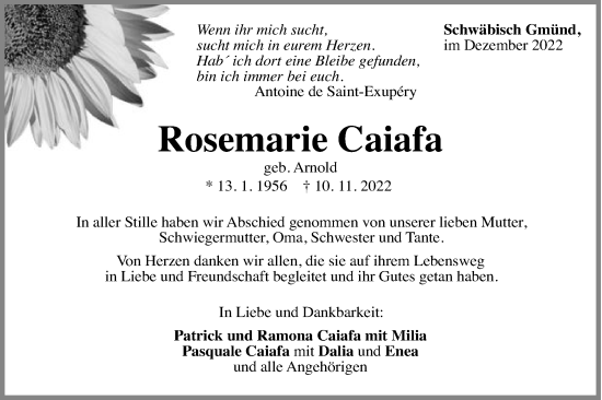 Traueranzeige von Rosemarie Caiafa von Gmünder Tagespost