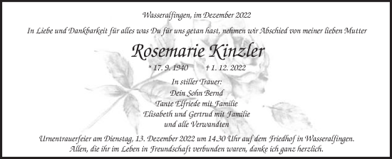 Traueranzeige von Rosemarie Kinzler von Schwäbische Post