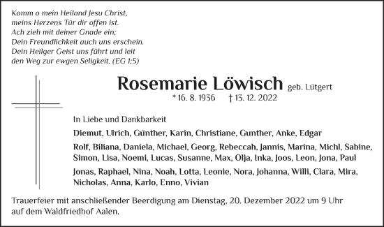 Traueranzeige von Rosemarie Löwisch von Schwäbische Post