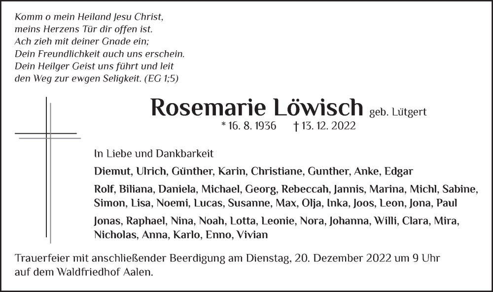  Traueranzeige für Rosemarie Löwisch vom 16.12.2022 aus Schwäbische Post