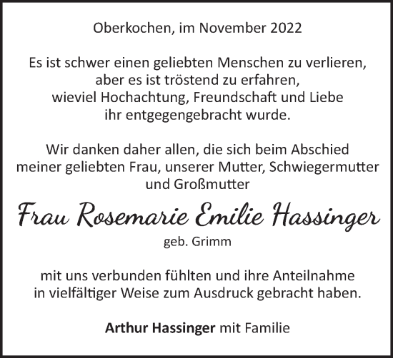 Traueranzeige von Rosemarie Emilie Hassinger von Amtsblatt_Oko