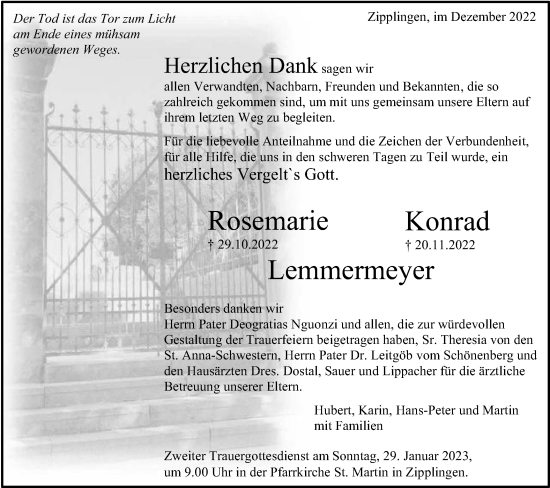 Traueranzeige von Rosemarie und Konrad Lemmermeyer von Schwäbische Post