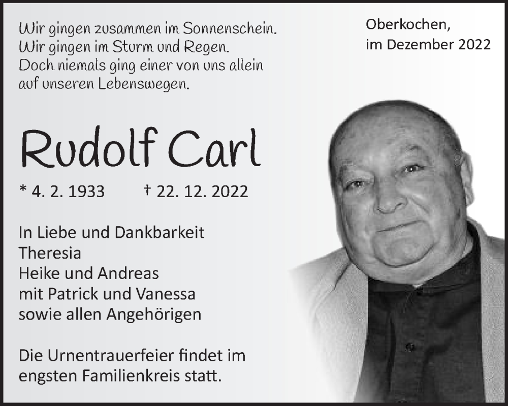  Traueranzeige für Rudolf Carl vom 30.12.2022 aus Schwäbische Post