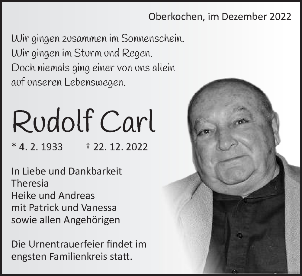  Traueranzeige für Rudolf Carl vom 30.12.2022 aus Amtsblatt_Oko