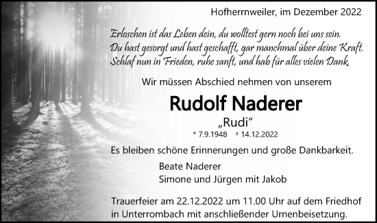 Traueranzeige von Rudolf Naderer von Schwäbische Post