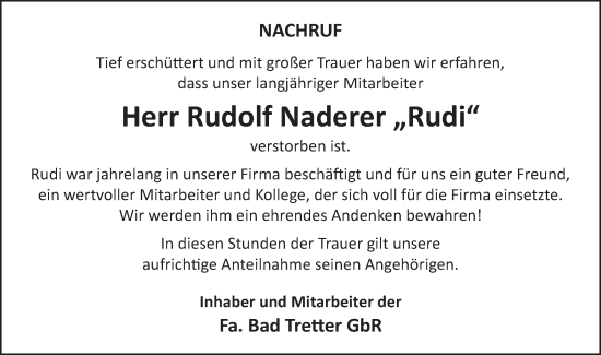Traueranzeige von Rudolf Naderer von Schwäbische Post